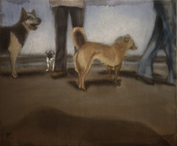  chiens et maîtres sur la plage,30x25 cm,ink-acrylic 
