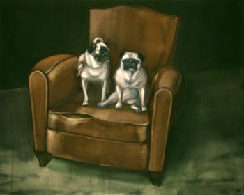  clara et lucie sur fauteuil en cuir,150x120 cm,ink-acrylic 